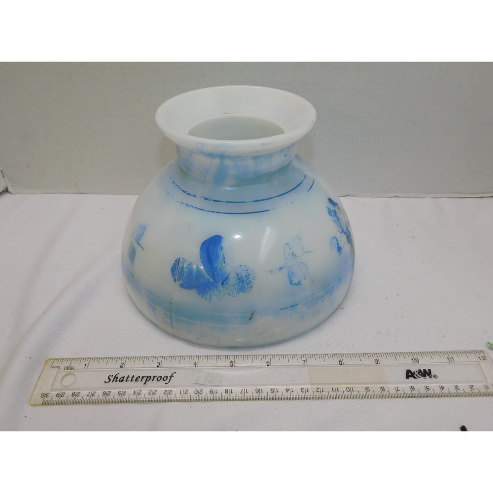 8" Hurricane Glass Lamp Shade Blue & White Floral Vintage Electric / Oil